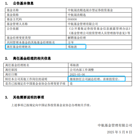 兴启网 基金经理“大撤退”开启？邓海清卸任中航混改精选，旗下基金“清零”