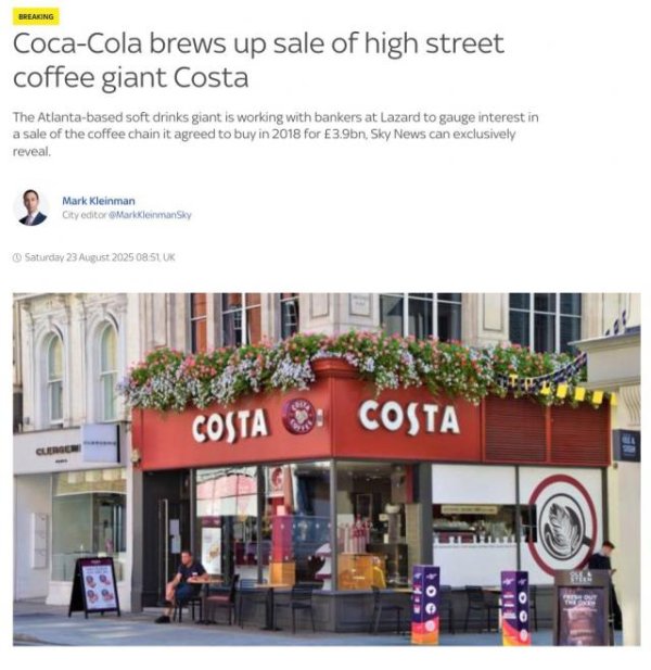 通配资 可口可乐公司被指考虑出售COSTA咖啡连锁，叫价或近200亿，全球最大饮料商在收购6年后“想法”变了？